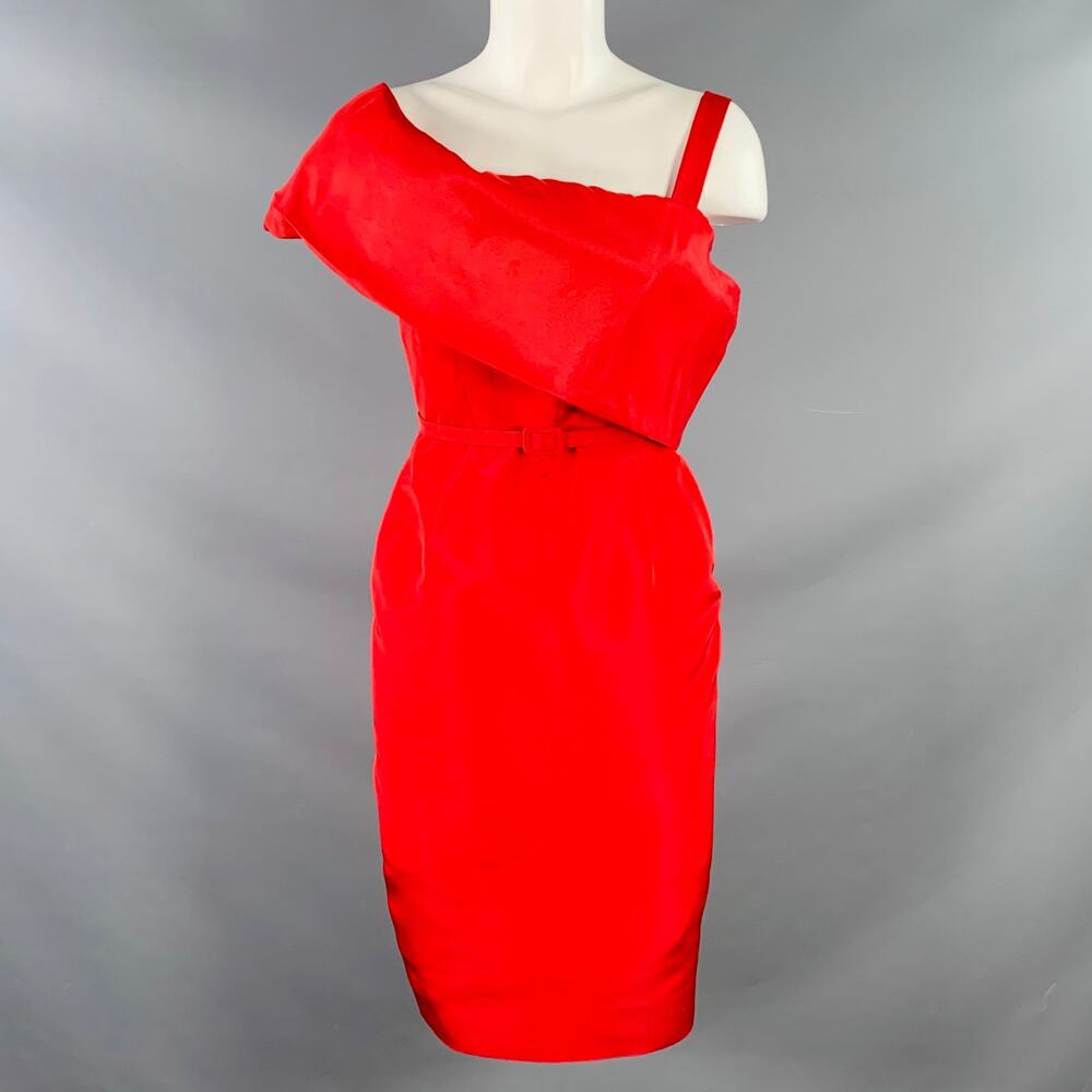 OSCAR DE LA RENTA Red Silk Taffeta One Shoulder Cocktail Dress Size M